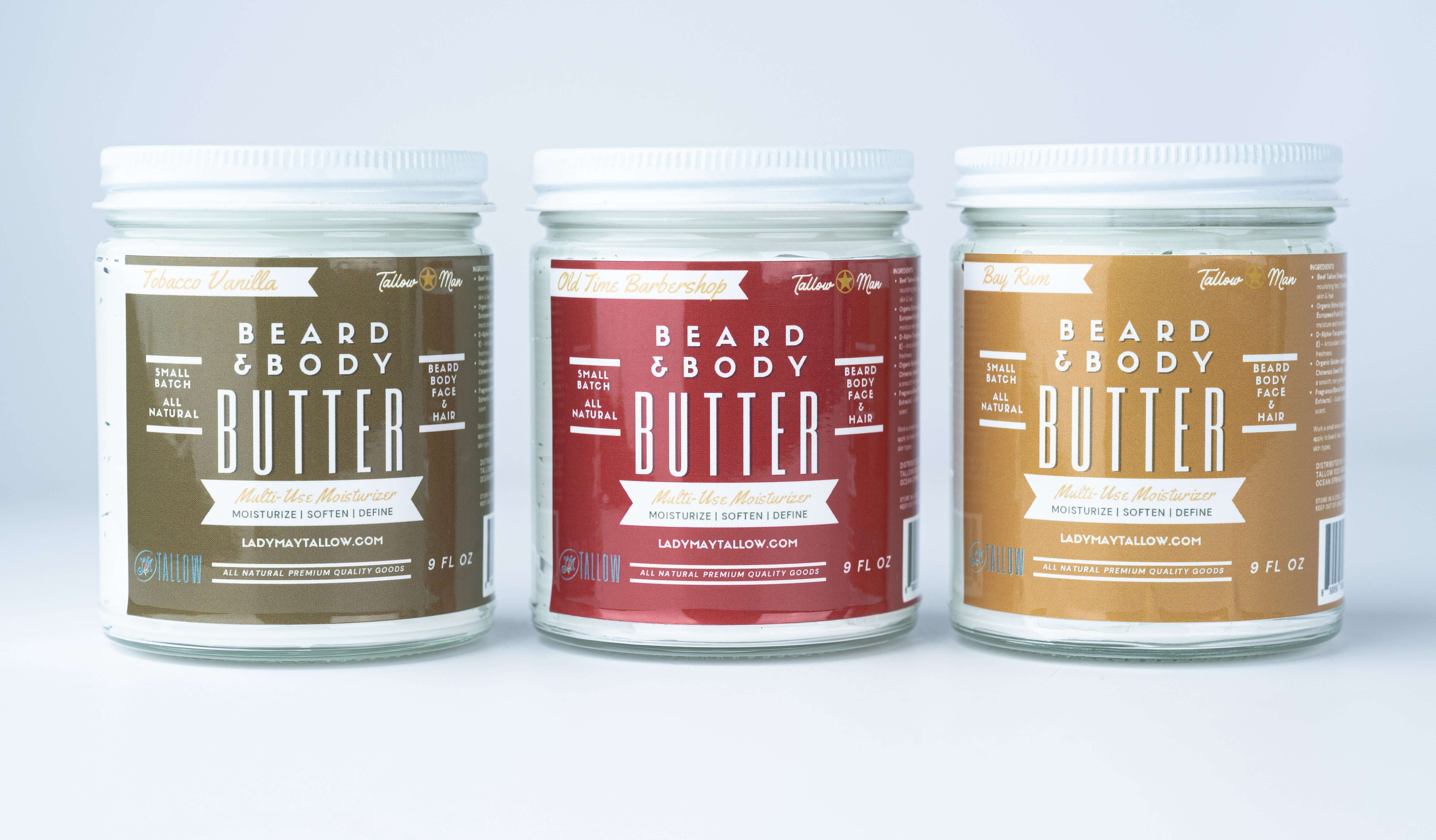 Tallow Man Beard Butter 9oz Trio – Men's Grooming Gift Set | Bay Rum, Tobacco Vanilla, Barbershop