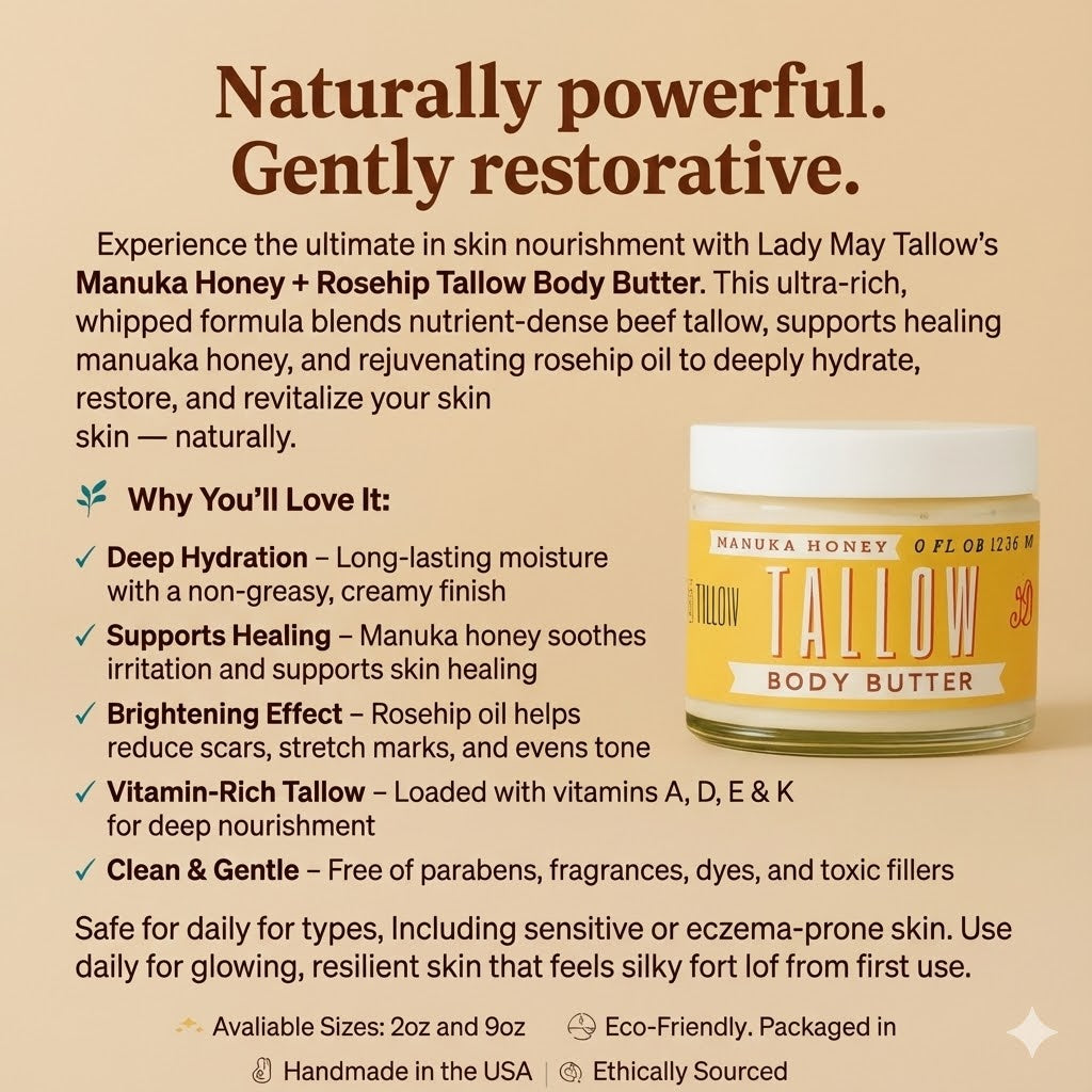 Manuka Honey + Rosehip Tallow Body Butter – Deeply Nourishing & Repairing Natural Skincare