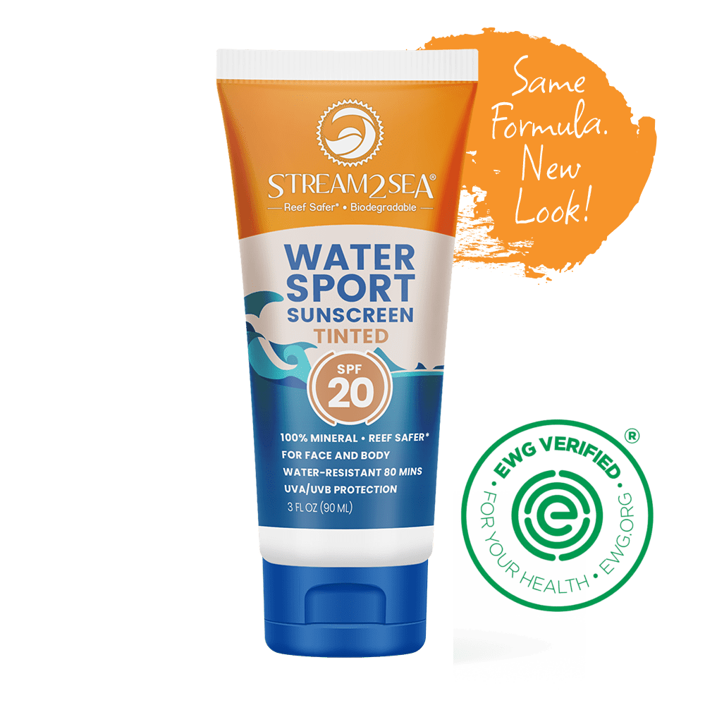 Tube of Stream2Sea Water Sport Sunscreen Tinted SPF 20 on a green background