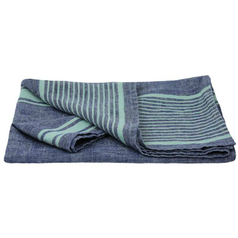Linen Bath Towel - Luxury Thick Stonewashed - Blue with Stripes