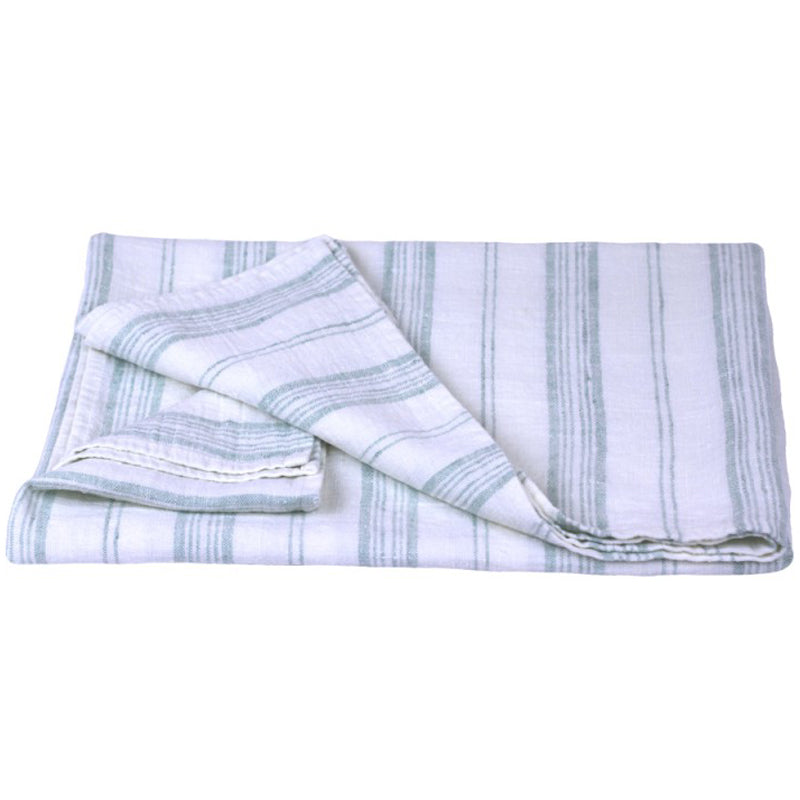 Linen Bath Towel - Luxury Thick Stonewashed - White with Green Stripes