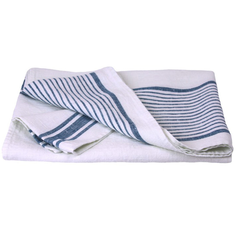 Linen Bath Towel - Luxury Thick Stonewashed - White with Stripes