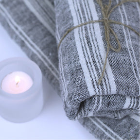 Linen Bath or Beach Towel - Luxury Thick Stonewashed - Heather Black with Stripes