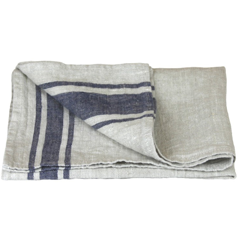 Linen Tea Towel - Luxury Thick Stonewashed - Grey with Blue Stripes