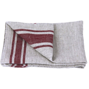 Linen Tea Towel - Luxury Thick Stonewashed - Grey with Bordeaux Stripes