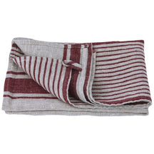 Linen Tea Towel - Luxury Thick Stonewashed - Grey with Bordeaux Stripes