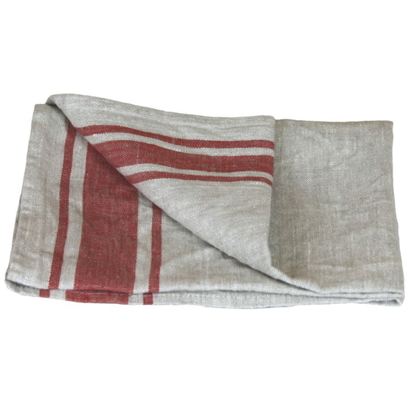Linen Tea Towel - Luxury Thick Stonewashed - Grey with Red Stripes