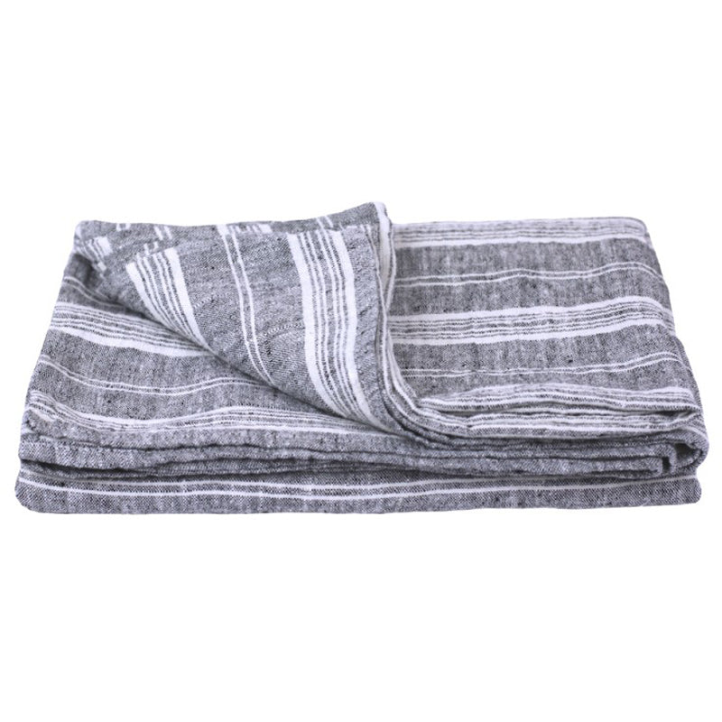 Linen Oversized Beach Towel - Thick Stonewashed - Heather Black with White Stripes