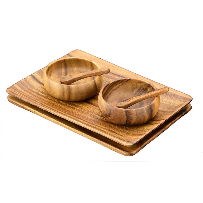 Acacia Wood Appetizer Serving Plates with Dip Bowls