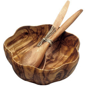 Flared Acacia Wood Salad Bowl with Servers