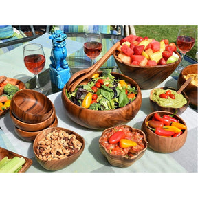 Round Acacia Wood Salad Bowl with Servers