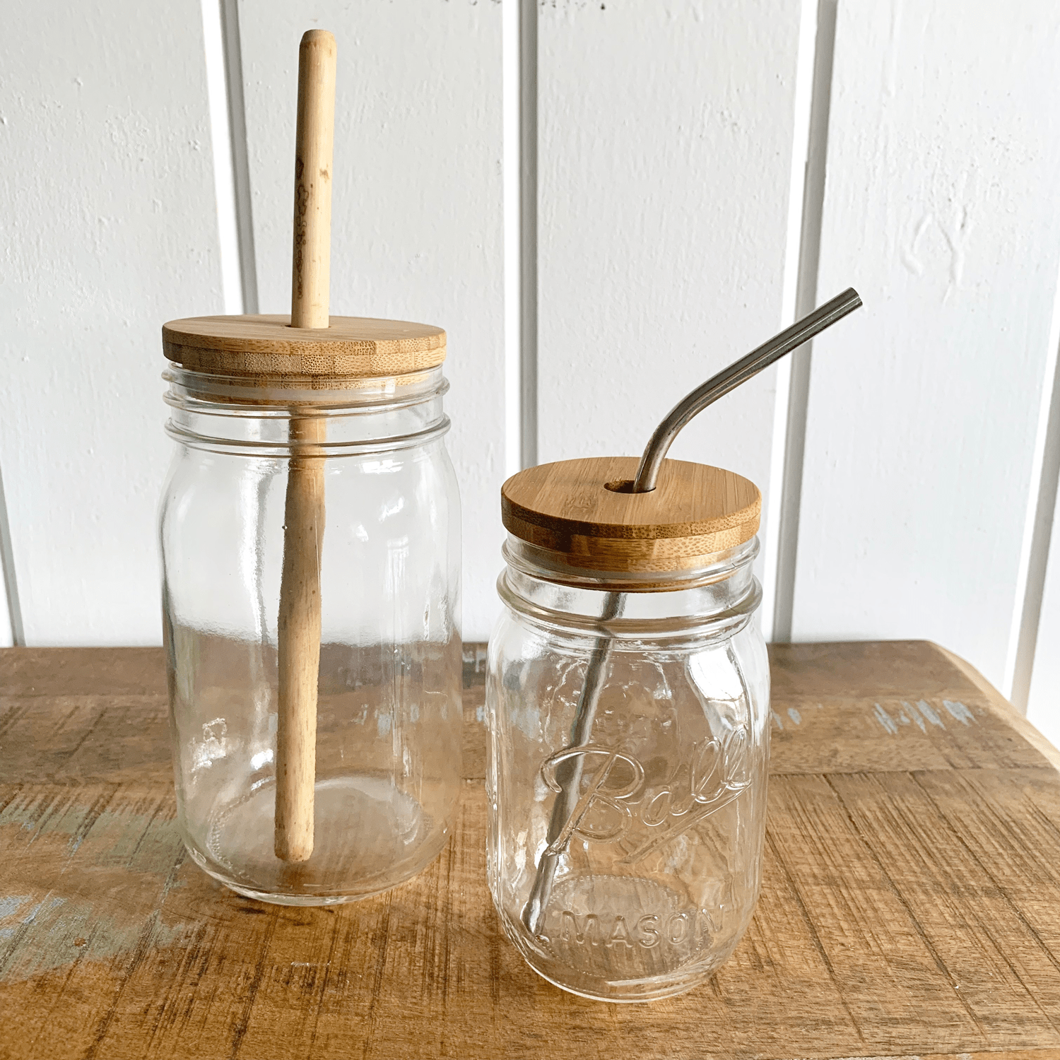 Mason Jars With Bamboo Lids & Stainless Steel Straws, Set Of 2