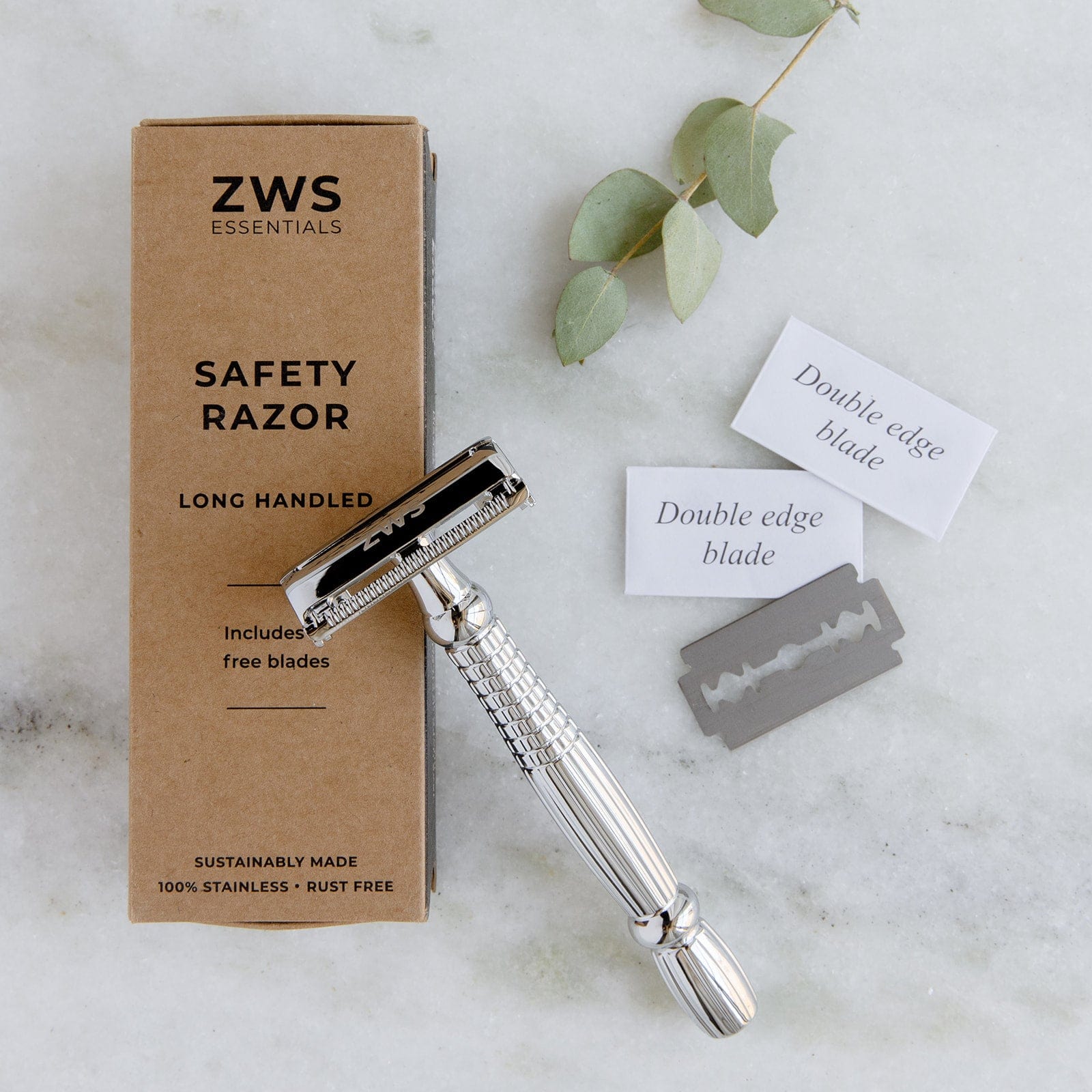ZWS Essentials Long Handle Zero Waste Safety Razor - Sustainable Razor - Stainless Steel, Single Blade, 10 Free Blades