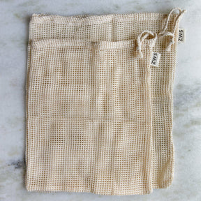 ZWS Essentials Set of 2 (M & L) / Natural Organic Cotton Mesh Produce Bag - Multiple Sizes - Zero Waste Net Bag